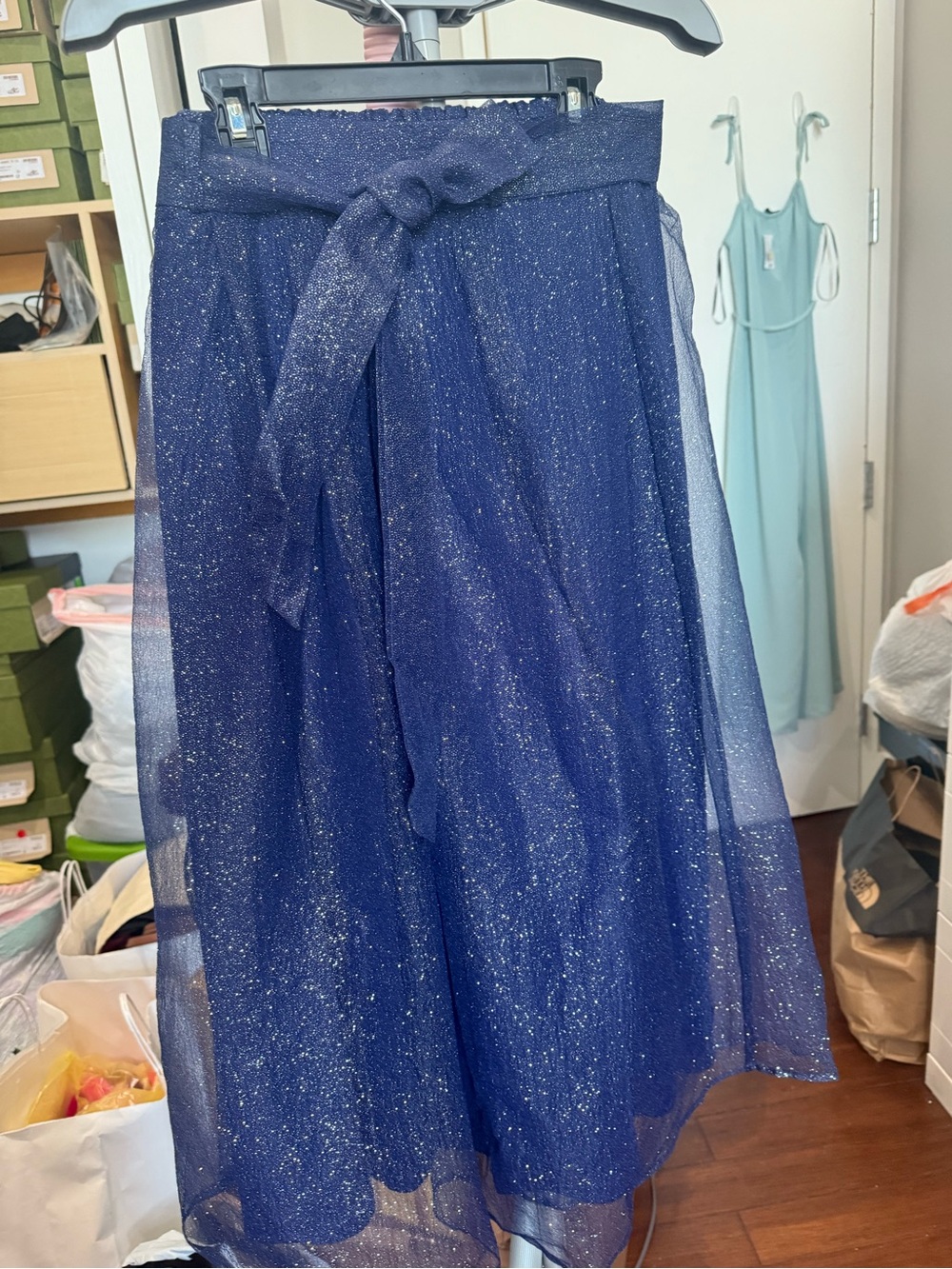 Sparkling Navy Midi Skirt with Waist Tie